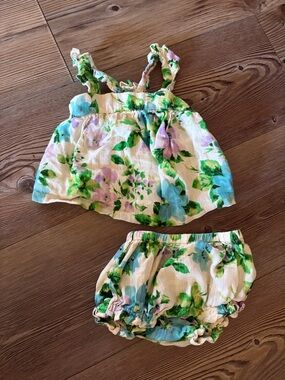 Old Navy Cream Floral Two-Piece Diaper Cover Set with Green and Blue Flowers